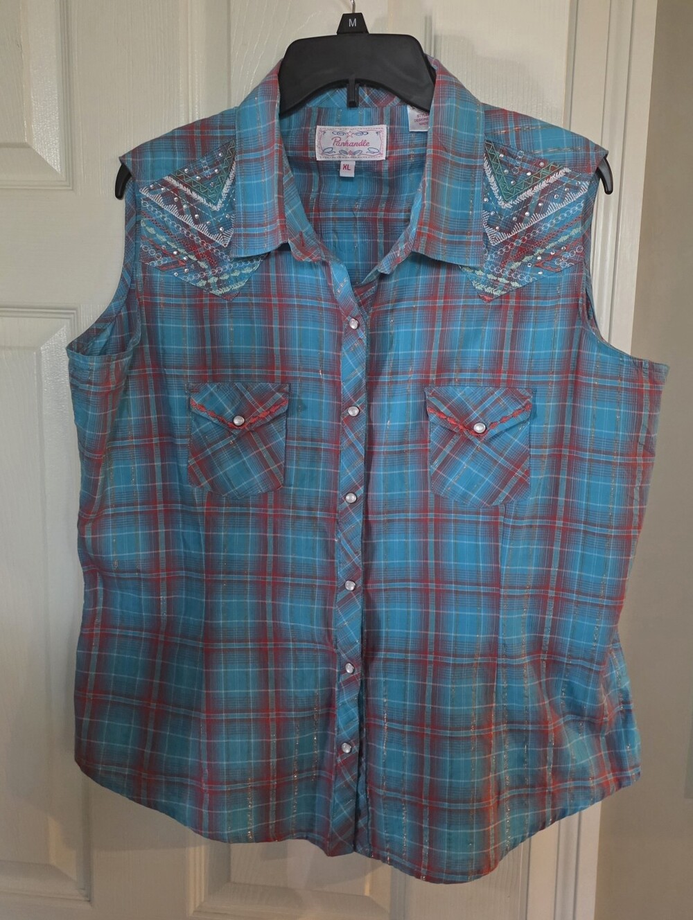 Panhandle Sleeveless Plaid Pearl Snap Shirt in Teal & Red Large Jeweled Cowgirl
